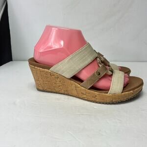 Skechers Sandals Women's 9 Tan Beige Comfort Platform Wedge Slip On Luxe Foam